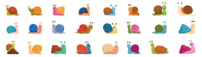 Cute snail icons set. Set of funny snails with colorful shells crawling and smiling vector