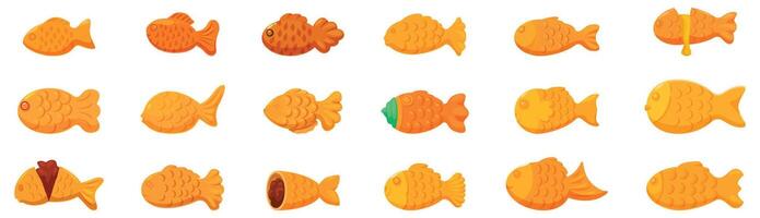 Bungeo ppang icons set. Set of bungeoppang, korean fish shaped pastry, showing different fillings and positions vector