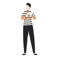 Young man standing and touching his chest while looking up in wonder vector