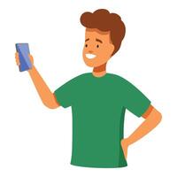 Young man is holding a smartphone, smiling while taking a selfie vector