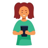 Happy smiling girl holding smartphone using mobile app vector