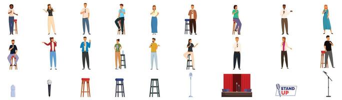 Standup comedy show icons set. Stand up comedians performing on stage with microphones telling jokes set vector