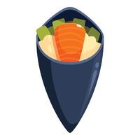 Temaki hand roll sushi with salmon and cucumber being held up right vector