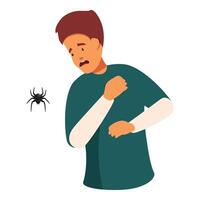 Terrified man suffering from arachnophobia looking at spider hanging on web vector