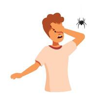 Terrified boy covering face with hand because of spider hanging on web vector