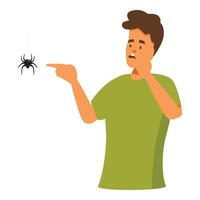 Scared man pointing at spider hanging from ceiling vector
