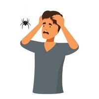 Terrified man suffering from arachnophobia looking at spider hanging on web vector