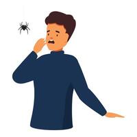 Terrified man suffering from arachnophobia looking at spider vector
