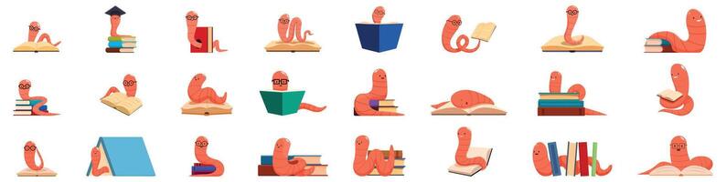 Bookworm icons set. Bookworm character set, cute worm reading books and gaining knowledge in different poses and situations vector