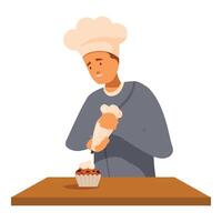 Pastry chef decorating muffin with cream using piping bag vector