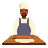 Baker kneading dough with rolling pin on table vector