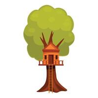 Wooden tree house with ladder and balcony standing on green tree trunk vector
