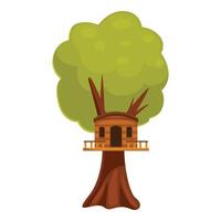 Wooden tree house standing on lush tree trunk with green foliage above it vector