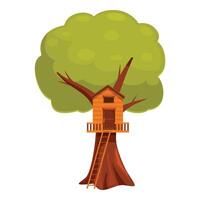 Wooden tree house with ladder standing on green tree trunk vector illustration