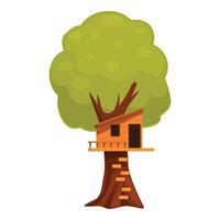 Wooden tree house standing high on green tree trunk with staircase leading to terrace on white background vector