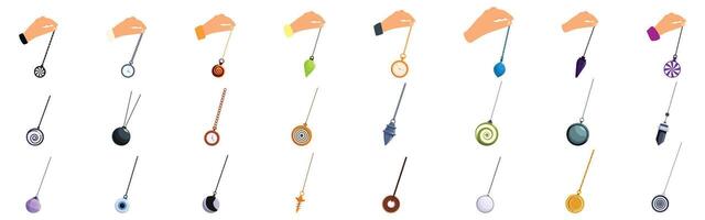 Swinging hypnosis pendulum icons set. Hypnotist holding pendulum making swinging motion set vector