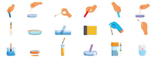 Test paper strips icons set. Scientists using litmus papers for measuring ph in a science laboratory vector