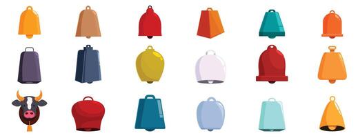 Cowbell icons set. Set of colorful cowbells showing different shapes and sizes vector
