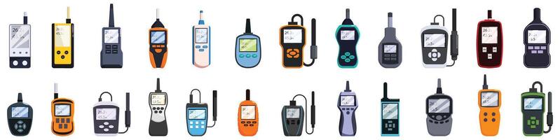 Thermohygrometer icons set. Digital portable measurement devices showing various data on screen vector