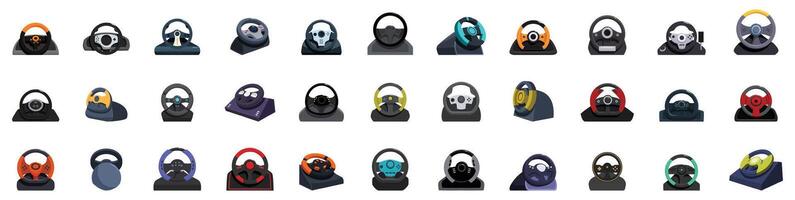 Game controller steering wheel icons set. Large set of different gaming wheels for realistic racing simulator experience vector