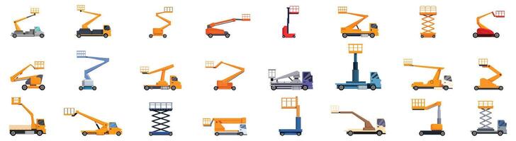 Lift platform basket icons set. Construction platforms set with hydraulic lifting mechanisms for high altitude work vector