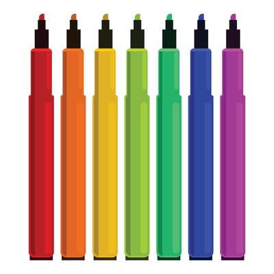 Set of colorful highlighter pens standing up in a row