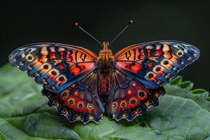 Vibrant Butterfly with Intricate Wing Patterns on Lush Green Leaf - Nature Macro Photography for Decor and Print Designs photo