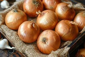 Fresh Yellow Onions in a Rustic Wooden Crate on Burlap - Organic Farming and Culinary Ingredient photo