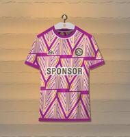 The soccer jersey design has a triangular striped pattern dominated by purple vector