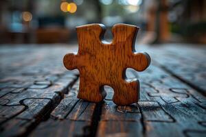 Wooden Puzzle Piece on Rustic Table Surface - Concept of Problem Solving and Strategy photo
