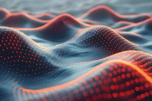 Abstract Digital Landscape with Glowing Red Dots on Smooth Waves for Technology and Design Uses photo