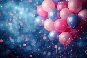 Festive Pink and Blue Balloons with Sparkling Bokeh Background for Party Decor and Celebrations photo