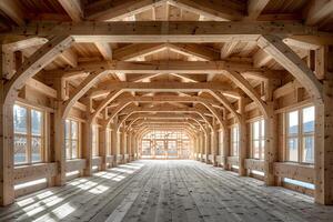 Wooden Architectural Structure with Beams and Windows Rustic Interior Design for Construction and Architecture Projects photo