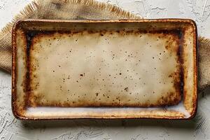 Rustic Rectangular Baking Dish on Burlap Cloth Over Textured Surface - Ideal for Food Photography and Culinary Designs photo