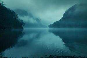 Tranquil Misty Lake in Foggy Mountain Landscape - Serene Nature Scene for Print, Poster, or Wall Art photo