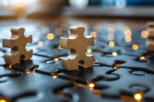 Concept of Problem Solving and Teamwork with Wooden Puzzle Pieces - Ideal for Business Strategy Illustrations photo