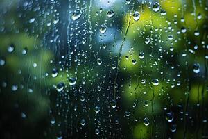 Raindrops on Window Glass with Blurred Green Background Nature, Serenity, and Tranquility photo