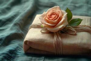 Elegant Gift Wrapped with Burlap and Adorned with a Peach Rose on Green Fabric Ideal for Romantic Occasions and Special Celebrations photo