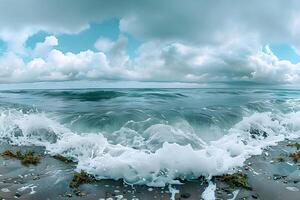 Dramatic Ocean Waves Crashing on Rocky Shore Under Cloudy Sky - Nature Landscape photo