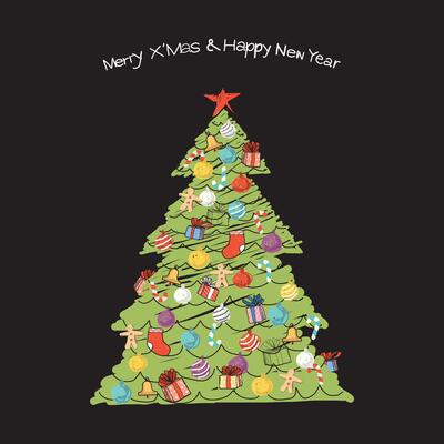 Colorful Christmas tree hand drawn childish style on black background graphic illustration. Merry Christmas and Happy New Year greeting card square template.
