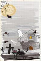 Halloween night graveyard landscape hand drawn style on notebook paper vertical background graphic illustration. Flyer or invitation vertical template for Halloween party naive art with blank space. vector