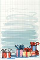 Colorful presents box hand drawn style on old notebook paper graphic illustration have blank space. Merry Christmas and Happy New Year greeting card vertical template. vector