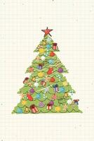 Christmas tree hand drawn childish style on old notebook paper graphic illustration have blank space. Merry Christmas and Happy New Year greeting card vertical template. vector