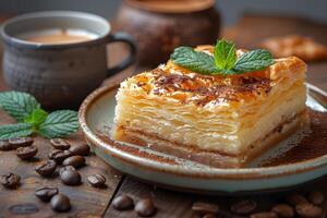 Delicious Baklava Dessert with Coffee and Fresh Mint in Cozy Cafe Setting - Perfect for Food Blogs and Menus photo