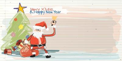 Santa Claus with gifts bag and Christmas tree hand drawn childish style on old notebook paper graphic illustration have blank space. Merry Christmas and Happy New Year greeting card template. vector
