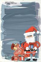 Santa Claus with gifts bag hand drawn childish style on old notebook paper graphic illustration have blank space. Merry Christmas and Happy New Year greeting card vertical template. vector