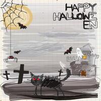 Halloween night graveyard landscape hand drawn style on notebook paper square background graphic illustration. Flyer or invitation vertical template for Halloween party naive art with blank space. vector
