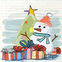 Snowman with presents box and Christmas tree hand drawn style on old notebook paper square background graphic illustration. Merry Christmas and Happy New Year greeting card. vector