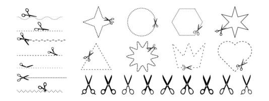 Set of scissors with cut lines and geometric shapes. Cut here symbol. vector