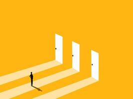 Courage, ambition. Businessman stands at the door to choose a path vector